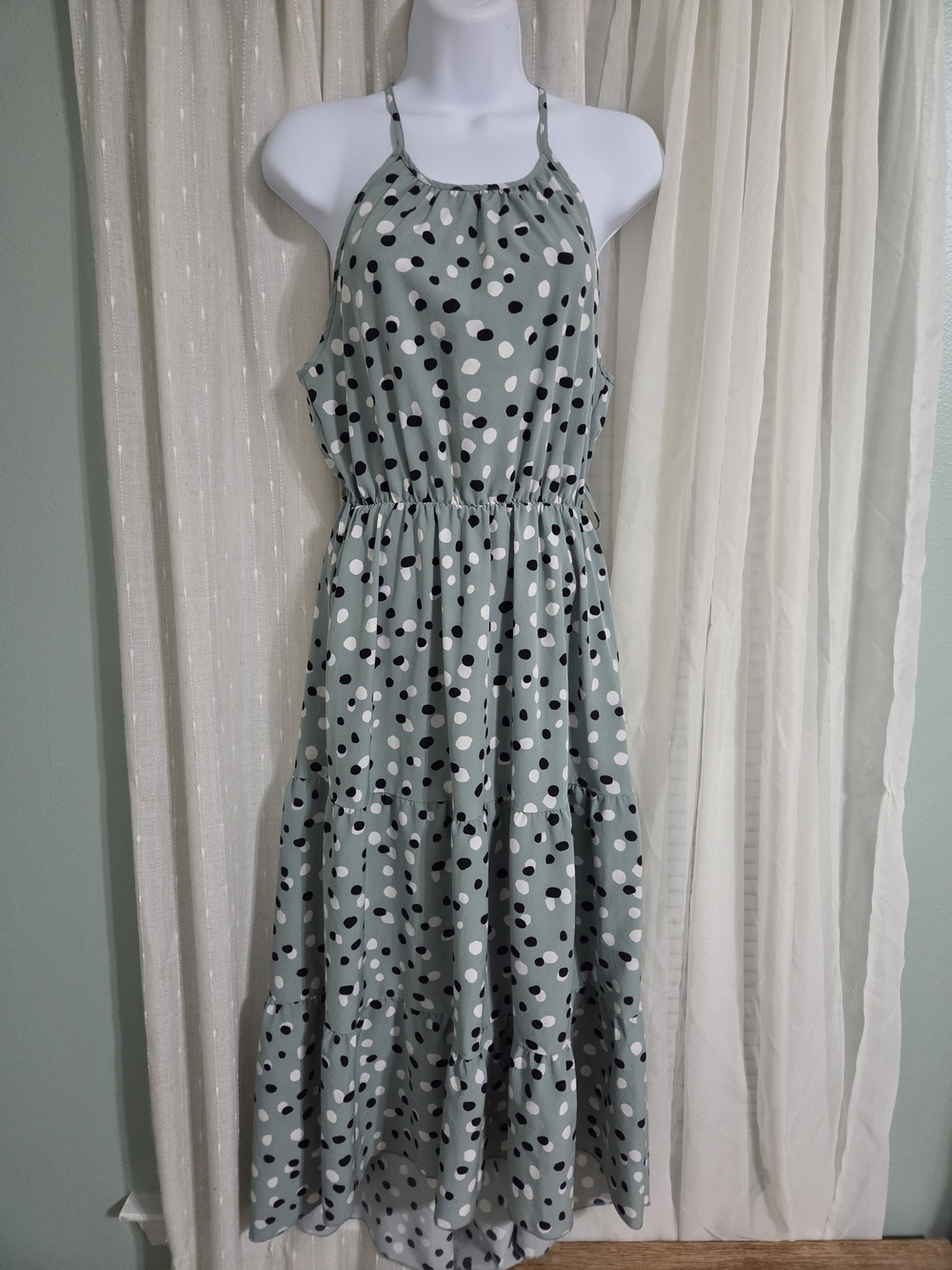 Sage Green Polka Dot Halter Maxi Dress